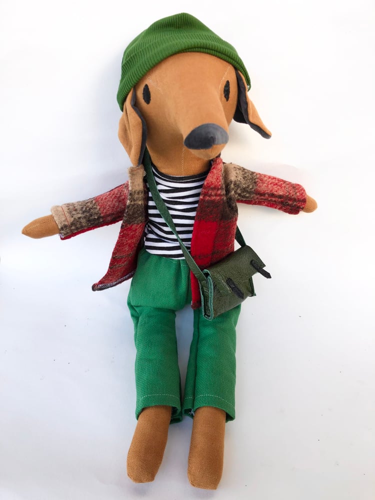 Image of Handmade toy sausage dog wearing a teeny weenie beanie