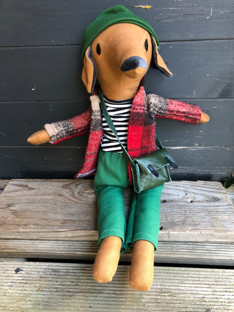 Image of Handmade toy sausage dog wearing a teeny weenie beanie