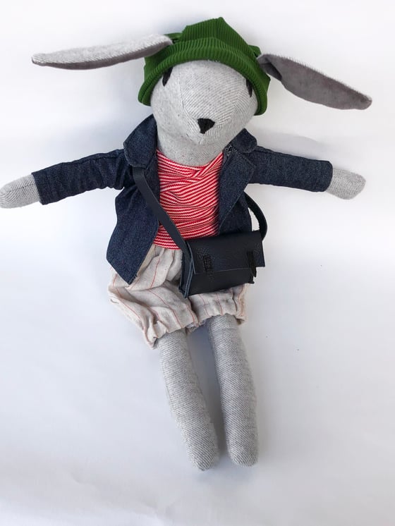 Image of Handmade toy hare wearing his striped linen shorts 