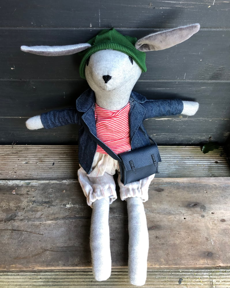 Image of Handmade toy hare wearing his striped linen shorts 