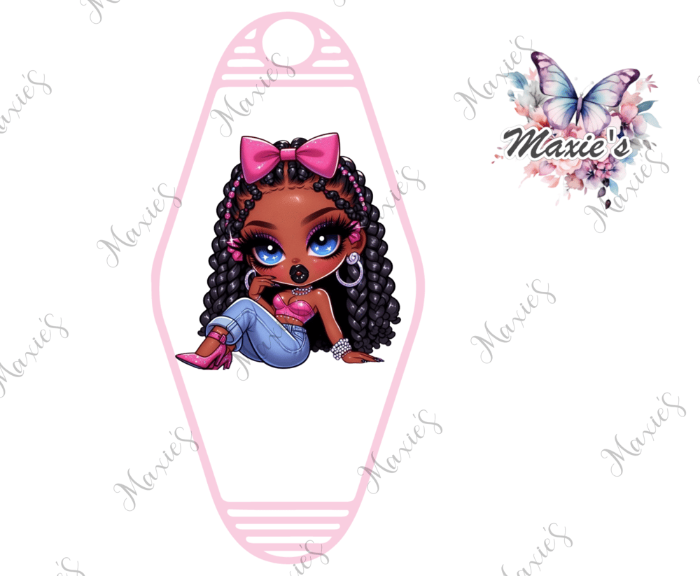 Image of Curly Hair Girl & Pink Coquette Graphic Design UVDTF Motel Keychain Decal 