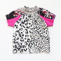 Image 1 of floral magenta black and white patchwork 4T courtneycourtney short sleeve raglan sweater top shirt