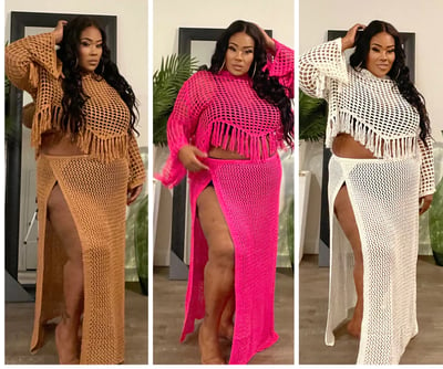 Image of 3PACK PLUS SIZE CROCHET FRINGE TWO-PIECE SKIRT SET W/SLITS