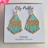 Image 3 of Shimmering Gold and Seafoam Dangle Earrings