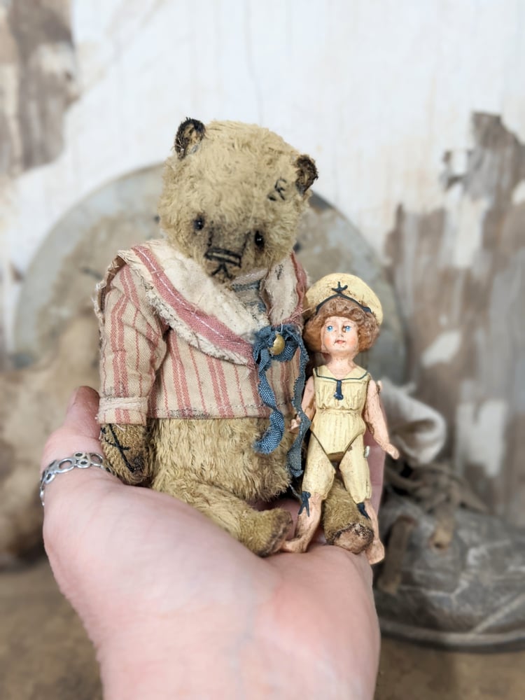 Image of (SET)  SAILOR & Dolly - 6" Little Shabby Sailor Teddy Bear with sailor dolly  by Whendi's Bears.