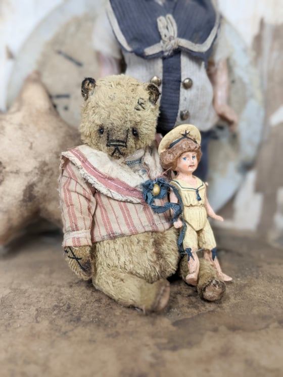 Image of (SET)  SAILOR & Dolly - 6" Little Shabby Sailor Teddy Bear with sailor dolly  by Whendi's Bears.