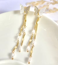 Image 1 of Hanging Butterfly Chain & Pearl Earrings