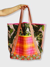 Image 1 of GREEN AND PINK QUILTED LARGE BAG