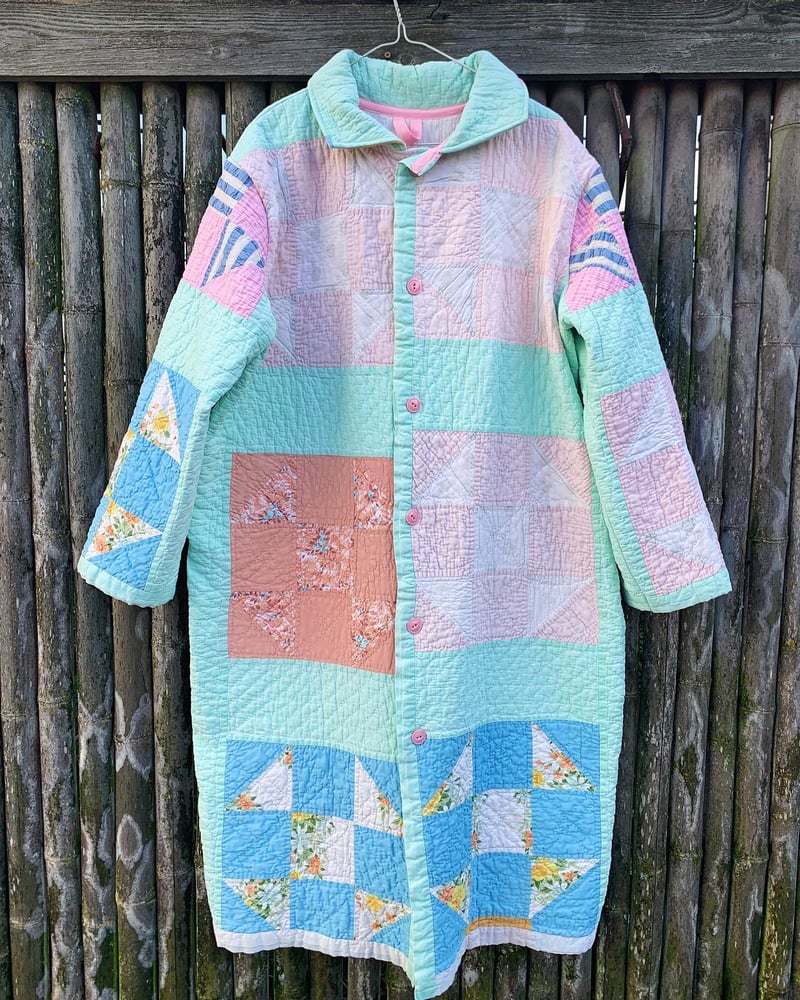 Image of Quilt Collared Duster Coat - Pastel Squares