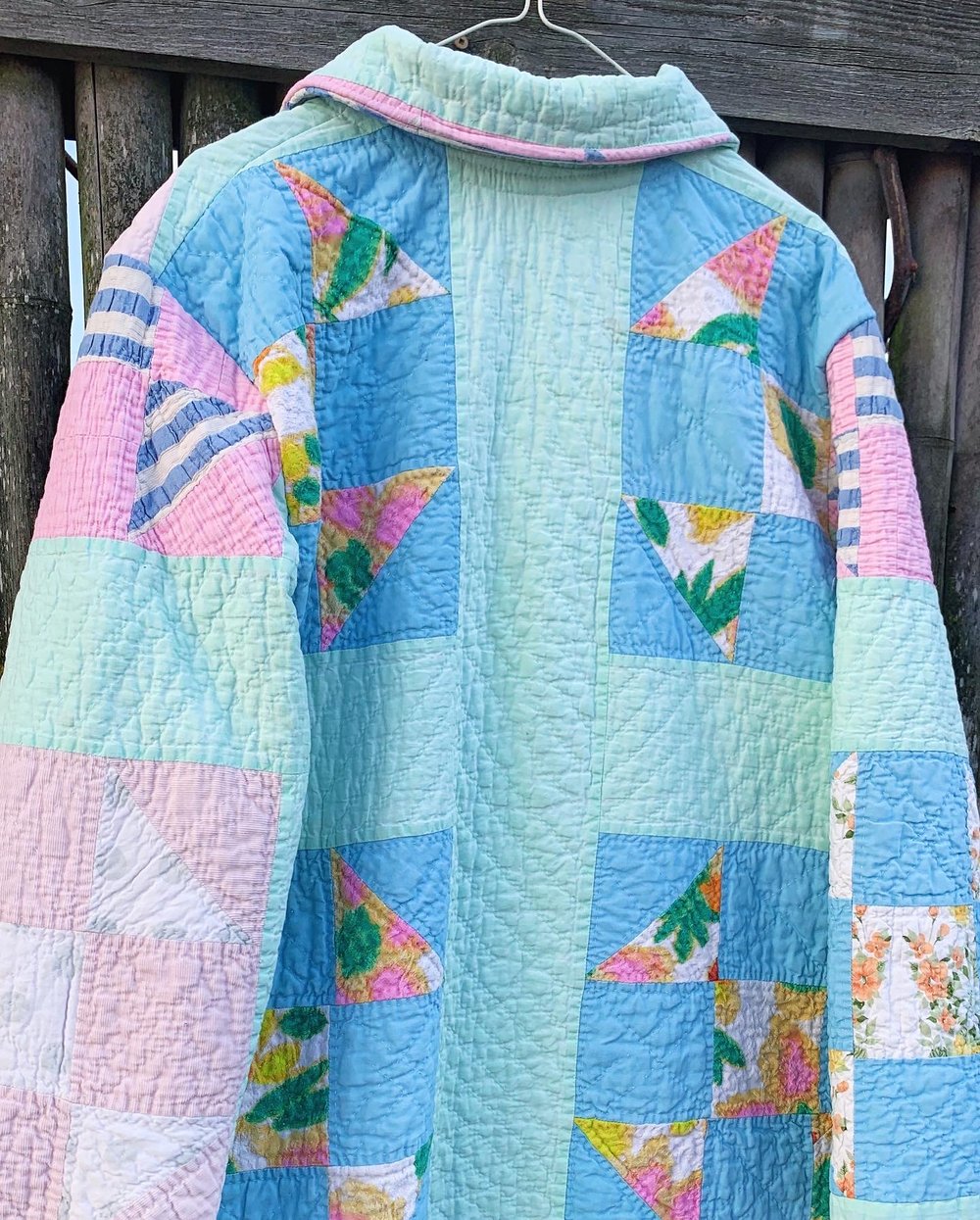 Image of Quilt Collared Duster Coat - Pastel Squares