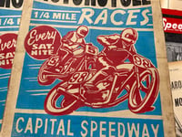 Image 2 of Dirt Track Motorcycle Races aged Linocut Print (3 colors edition)  FREE SHIPPING