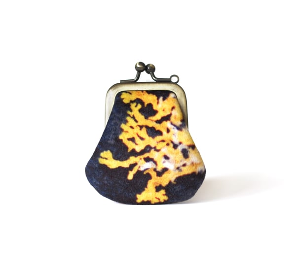 Image of Yellow lichen, tiny velvet kisslock purse with plant-dyed silk lining