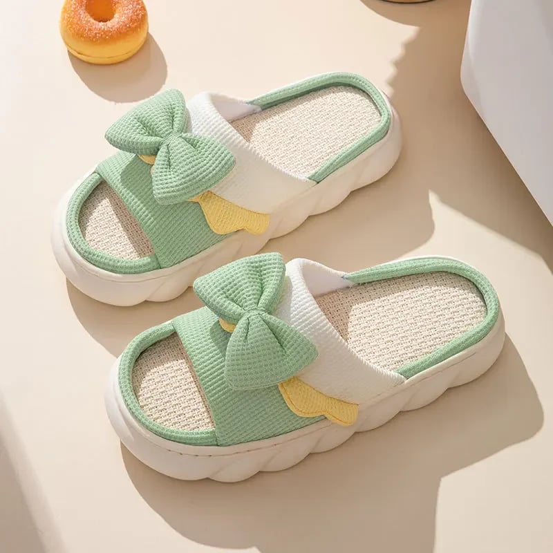 Womens Linen Slippers Indoor Slippers Comzy Anti-Slip House Cotton Shoes Cute Bowknot Flat Slipper