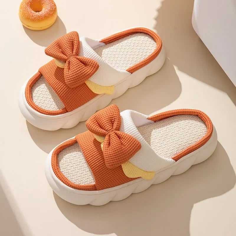 Womens Linen Slippers Indoor Slippers Comzy Anti-Slip House Cotton Shoes Cute Bowknot Flat Slipper