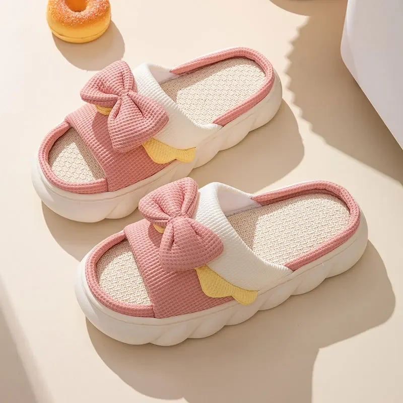 Womens Linen Slippers Indoor Slippers Comzy Anti-Slip House Cotton Shoes Cute Bowknot Flat Slipper