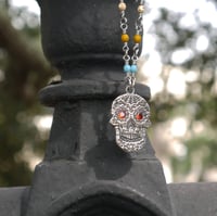 Image 2 of Fine Silver Sugar Skull Pendant on Beaded Sterling Silver Chain