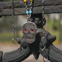 Image 3 of Fine Silver Sugar Skull Pendant on Beaded Sterling Silver Chain