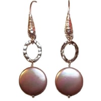 Image 1 of Cocoa Coin Pearl Earrings with Hammered Sterling Silver 