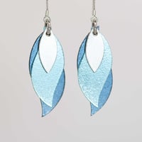 Australian leather leaf earrings - Silver, metallic light blue, metallic blue