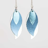 Australian leather leaf earrings - Metallic light blue, metallic blue, silver