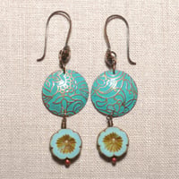 Image 1 of Turquoise Etched Copper Dome Flower Bead Earrings