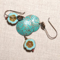 Image 2 of Turquoise Etched Copper Dome Flower Bead Earrings