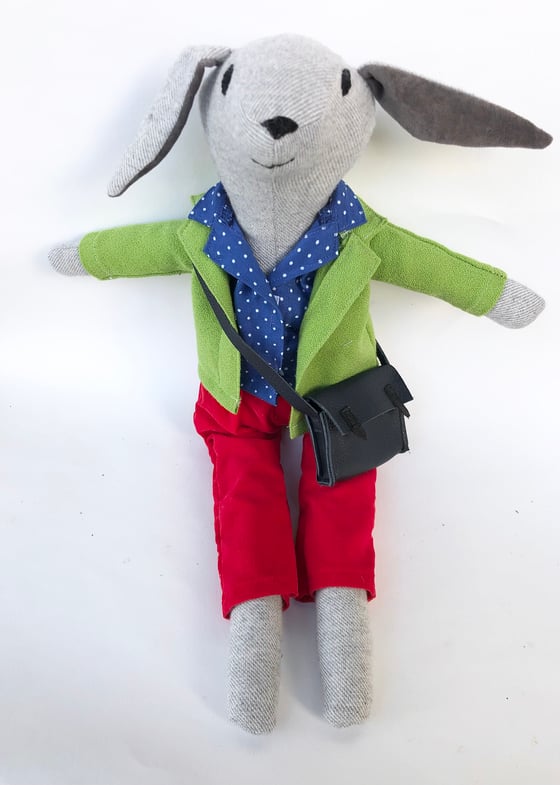 Image of Handmade toy Hare wearing a pea green jacket
