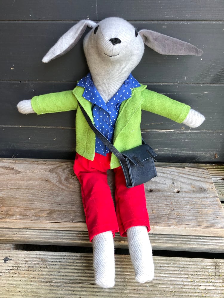 Image of Handmade toy Hare wearing a pea green jacket