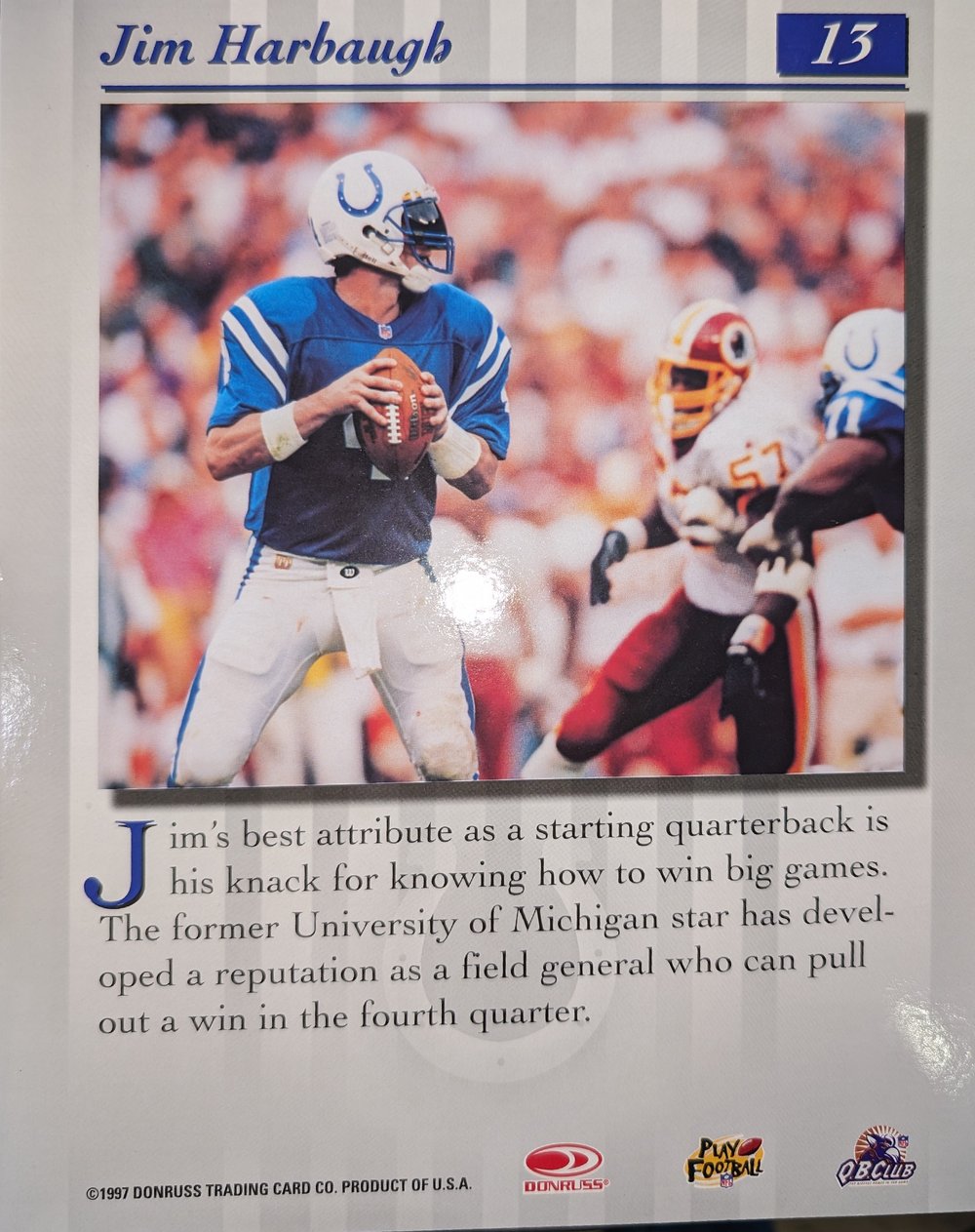  997 DONRUSS STUDIO 8 X 10 JIM HARBAUGH INDIANAPOLIS COLTS QB CARD