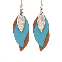 Image 1 of Handmade Australian leather leaf earrings - Gold, blue, brown [LBL-164]