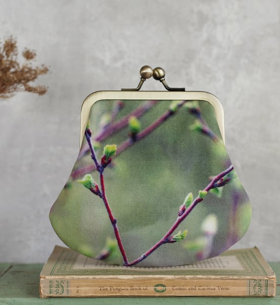 Image of Birch twigs, LARGE velvet kisslock purse with plant-dyed lining