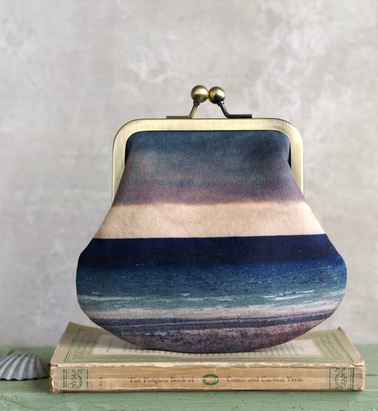 Image of Seascape stripe, LARGE velvet kisslock purse with plant-dyed lining