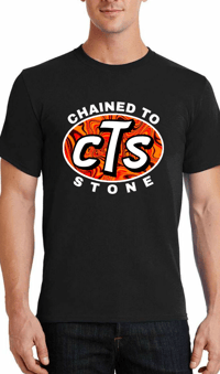 Chained to Stone black t-shirt with alternate "orange swirl" CTS logo design.