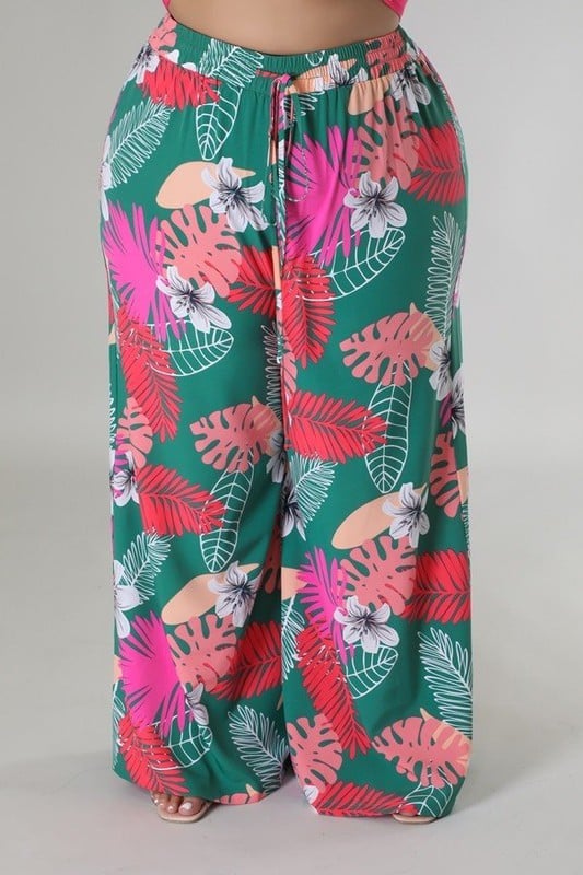 Image of 3PACK PLUS SIZE FLORAL PRINTED WIDE LEG PANTS-GREEN-01