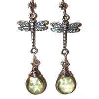 Image 1 of LAST PAIR Dragonfly Earrings - Sterling Silver, Green Mystic Quartz, Crystal
