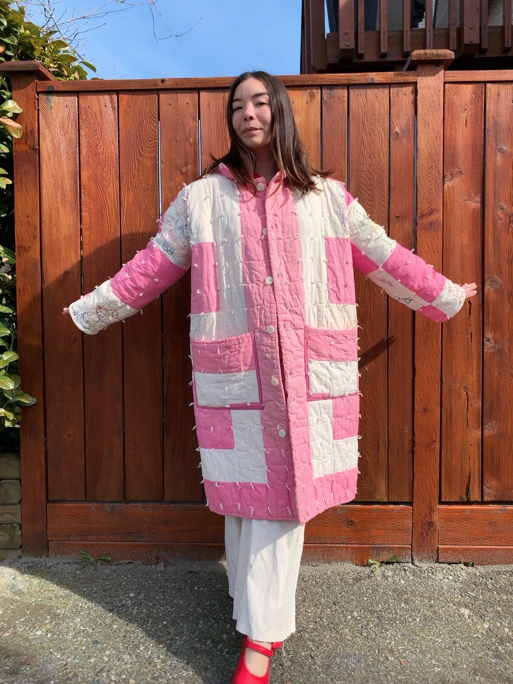 Image of Quilt Collared Coat — Pink & White Embroidered