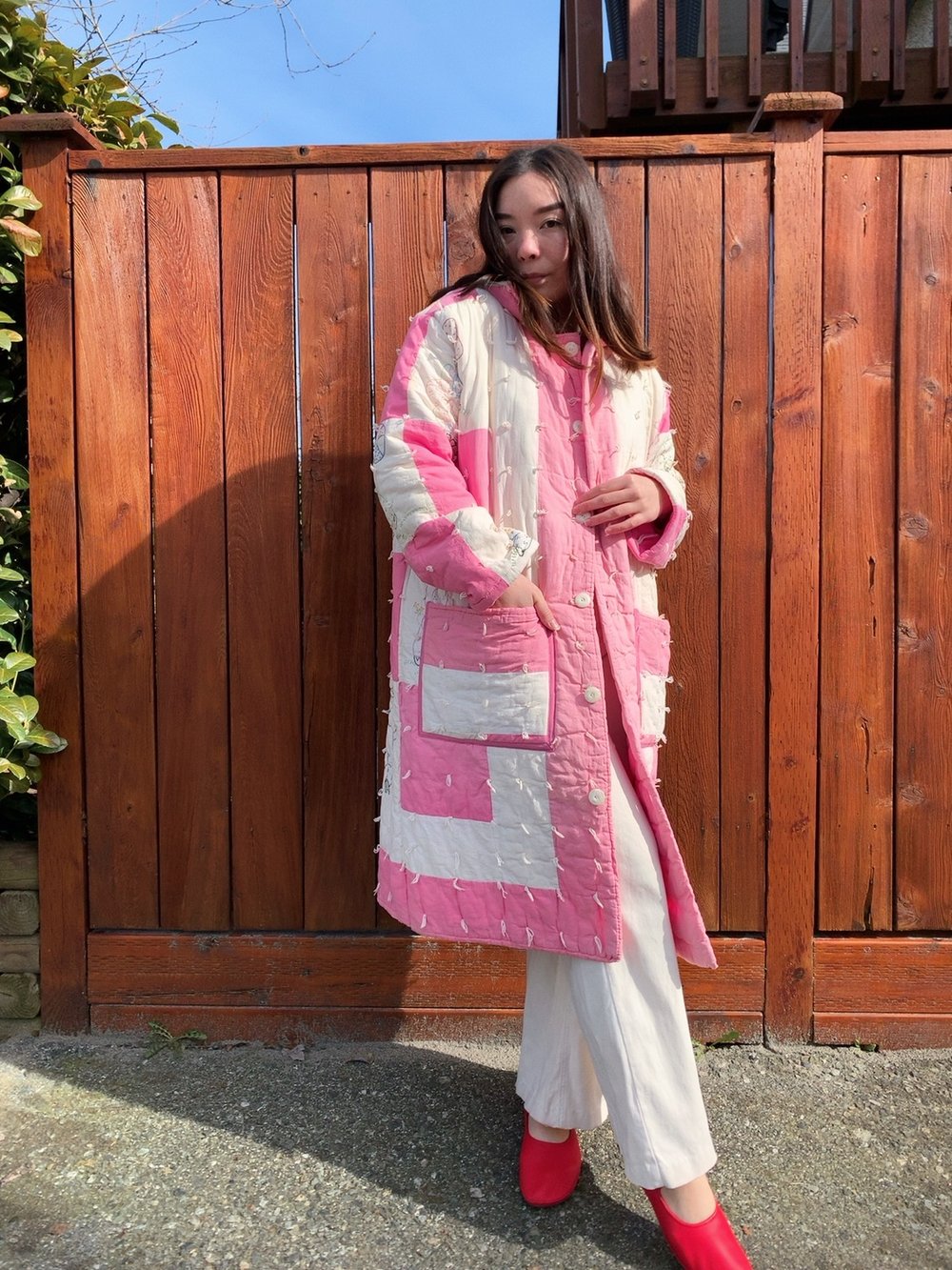 Image of Quilt Collared Coat — Pink & White Embroidered
