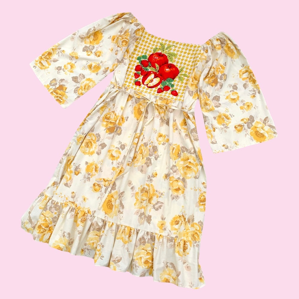 Image of Tiered Gathered Tea Towel Dress — Apples