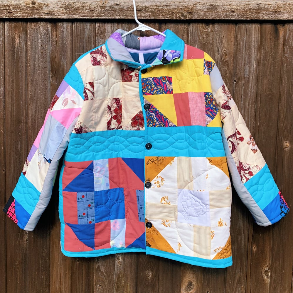 Image of Quilt Collared Coat - Turquoise Multi-Colored Patchwork