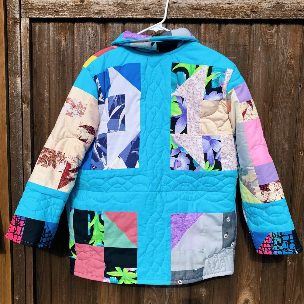 Image of Quilt Collared Coat - Turquoise Multi-Colored Patchwork