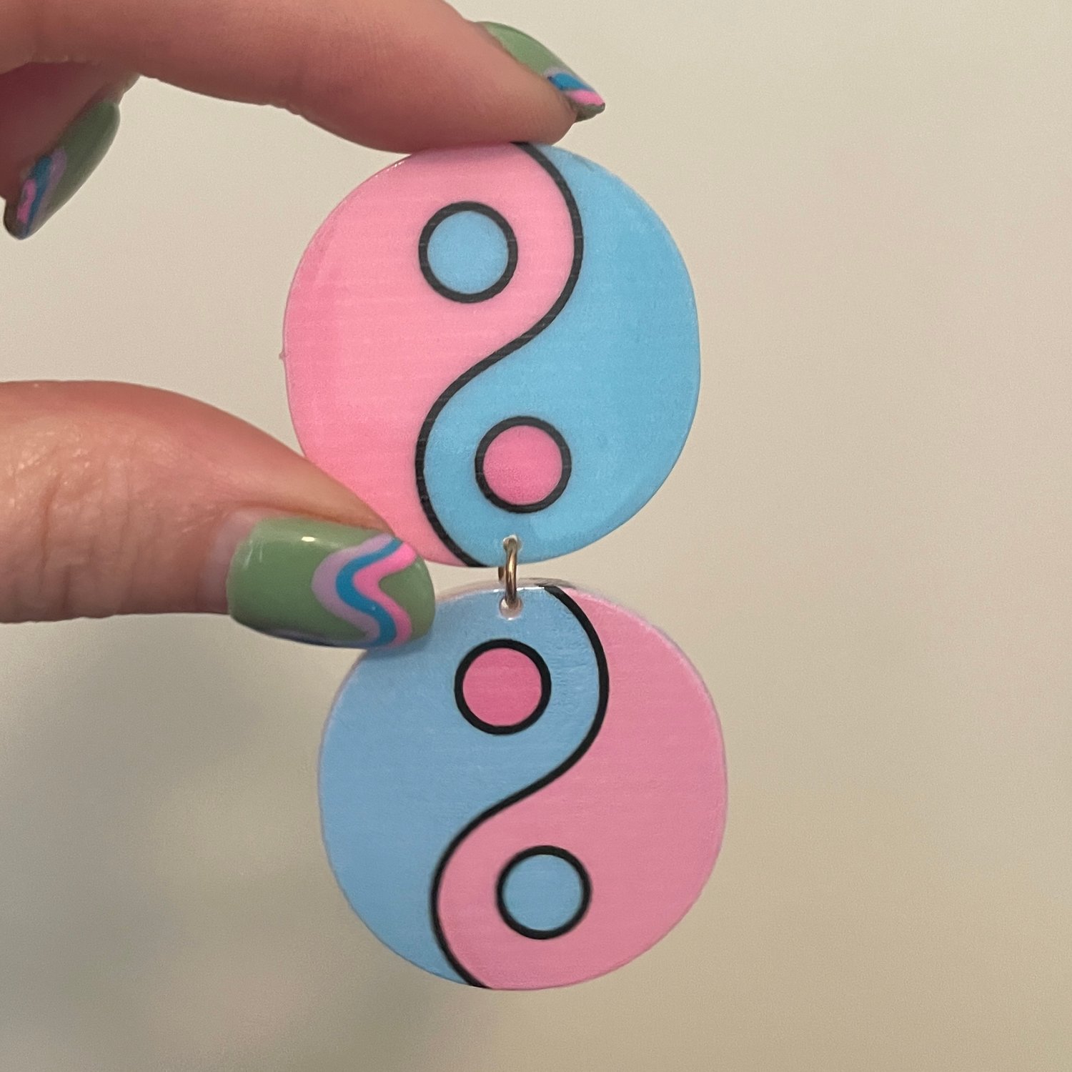 Image of Pink & Blue Yin Yang Dangles (sizes 3/4-1 1/4)