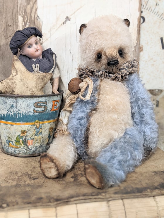 Image of JUMBO 14" -  Vintage Shabby style Cream&Blue Mohair Teddy Bear - By Whendi's Bears
