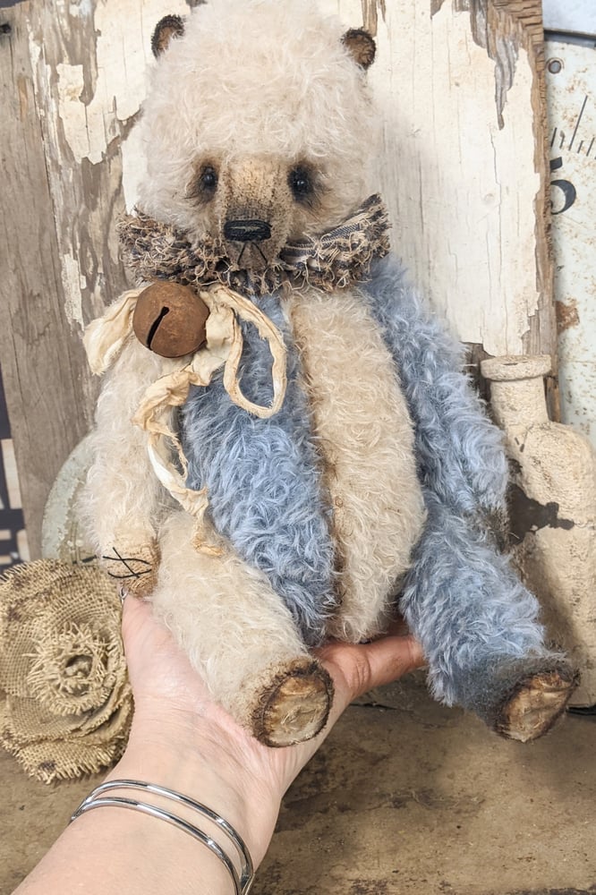 Image of JUMBO 14" -  Vintage Shabby style Cream&Blue Mohair Teddy Bear - By Whendi's Bears