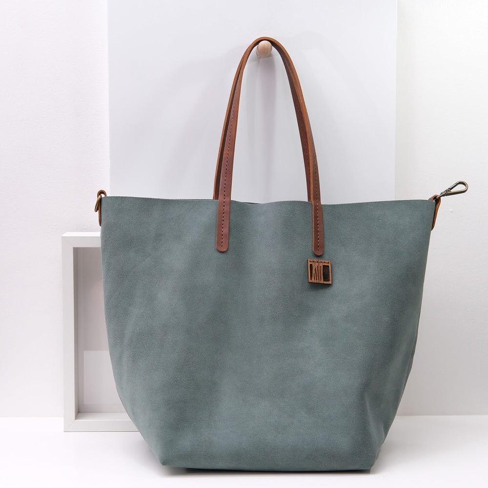Image of Slouchy Wide Suede Tote in dusty sky