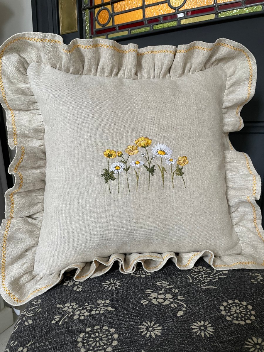 Image of Embroidered buttercup and daisy Cushion
