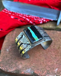Image 1 of WL&A Handmade Old Style Heavy Ingot Black Jack Turquoise Cuff - Wrist 6in to 6.5in - 115 Grams  