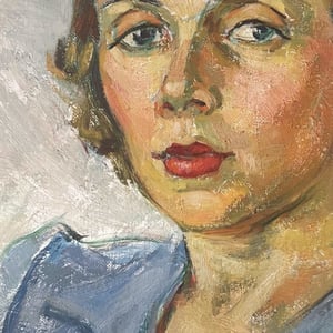 Image of Mid 20thC. French Oil Painting Portrait, 'Woman in Blue.' G.Gavzel