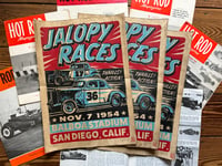 Image 1 of Balboa Stadium Jalopy Races Linocut Print FREE SHIPPING