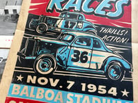 Image 2 of Balboa Stadium Jalopy Races Linocut Print FREE SHIPPING