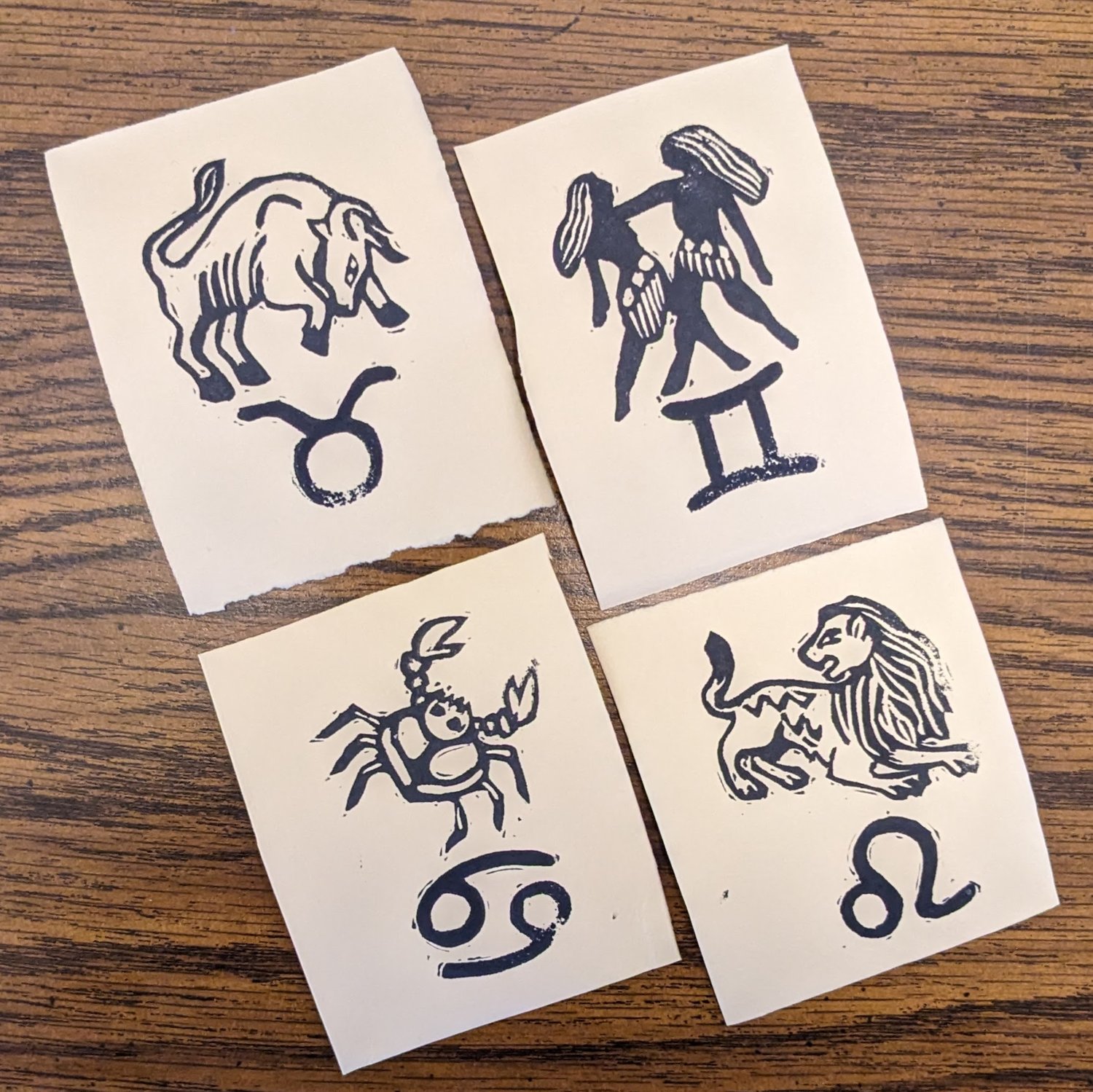 Zodiac stamped prints - Taurus, Gemini, Cancer, Leo